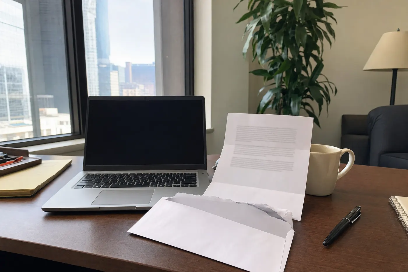 La lettre dépliée sur le bureau du prospect, à côté de son ordinateur